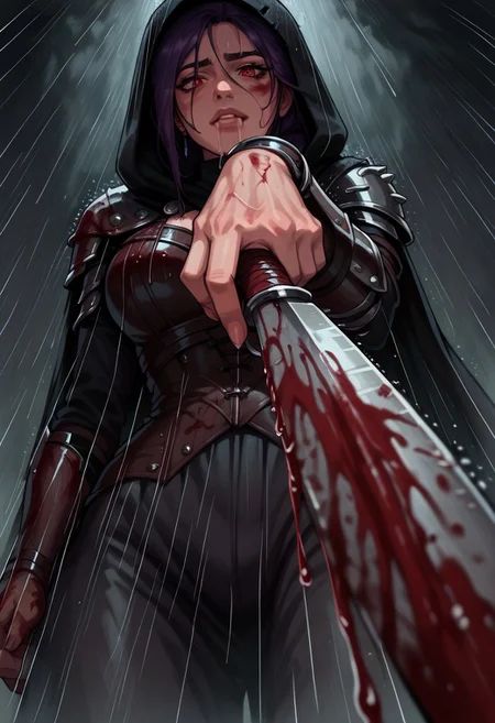 score_9, score_8_up, score_7_up, beautyfull color, 
aesthetic, 2d,
close-up shot, (view from below:1.5), (view from aside:1.3),
(rain:1.2), 
(extends her hand:1.5), (hand in blood:1.3), (drooling blood:1.2), (holding knife:1.2),
solo, (face focus:1.2),
1girl, 
sabia, human, purple hair, red eyes, folded ponytail,
leather armor, single shoulder armor, cape, (hood:1.3), single bare shoulder, wet,
large breasts,
(head down:1.3), (looking down:1.3),  looking at viewer,
night, nature, clouds,