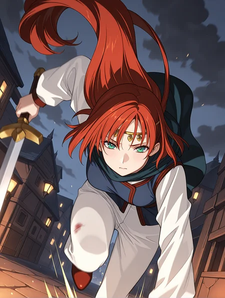 masterpiece,best quality,newest,1girl,solo,fantasy,metallic luster,
<lora:elenoa_ilxl_v3.1:1>,elenoa,e_circlet,e_02clothes,red hair,very long hair,green eyes,long_sleeves,white sleeves,blue clothes,holding sword,e_sword,white pants,red shoes,
<lora:Fixhands_anime_bdsqlsz_V1:1>,dynamic_angle,cinematic_angle,fighting,night,darkness,(motion_blur:1.3),(motion line:1.2),(speed_lines:1.1),fighting_stance,aura effect,dark cloud,leaning_forward,running,pov,looking_at_viewer,front view,bent over,city,bruise on body,thundercloud,fantasy,sad,