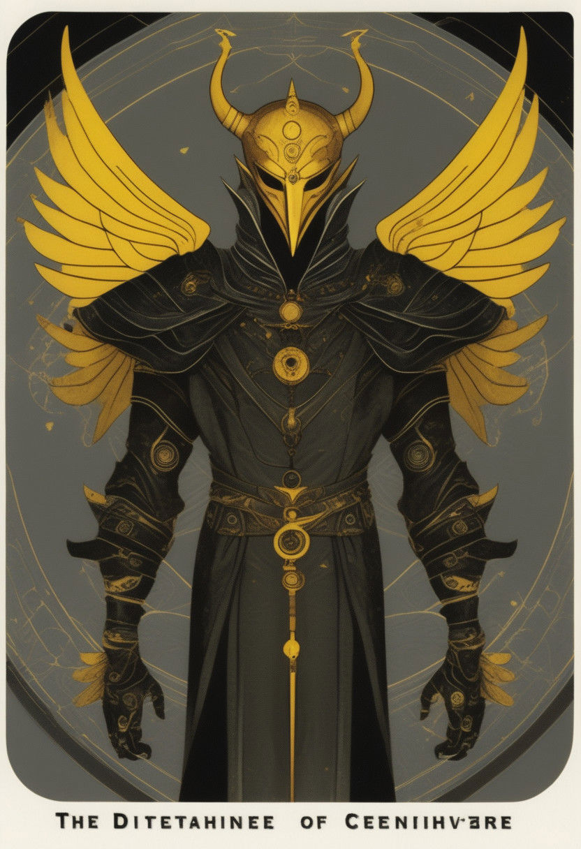 dark grey background, art déco, occultist, antiquarian, ((male tiefling)), byzanthine man in black and yellow robes, (ornate censer), ((man wearing golden ibis mask)), (man wearing turban), ((upwards shoulder pads)), golden horns, golden wings