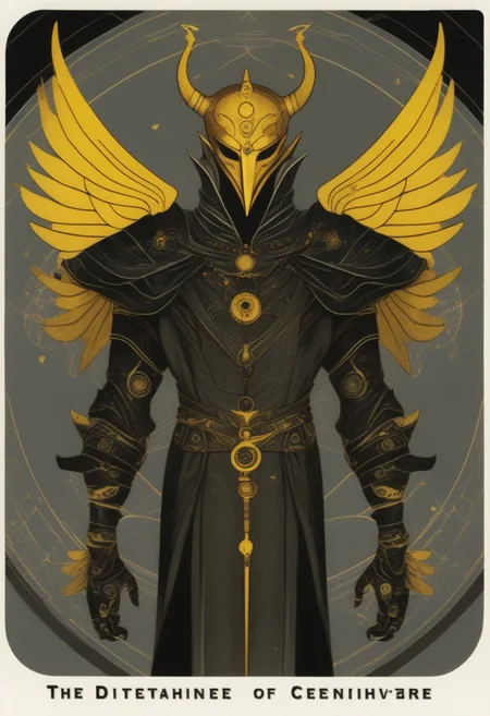 dark grey background, art déco, occultist, antiquarian, ((male tiefling)), byzanthine man in black and yellow robes, (ornate censer), ((man wearing golden ibis mask)), (man wearing turban), ((upwards shoulder pads)), golden horns, golden wings