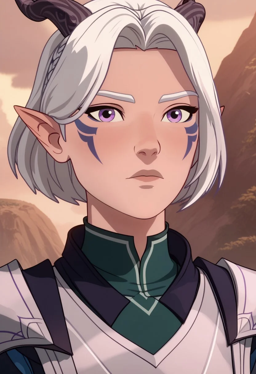 Score_9, Score_8, Score_7, TDPStyle, Tiadrin, Elf, Moonelf, Horns, White Hair, Purple Facial Tattoos, Moonelf Outfit, bust shot