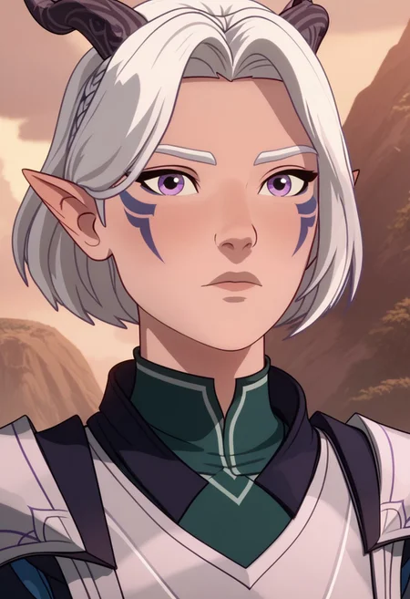 Score_9, Score_8, Score_7, TDPStyle, Tiadrin, Elf, Moonelf, Horns, White Hair, Purple Facial Tattoos, Moonelf Outfit, bust shot