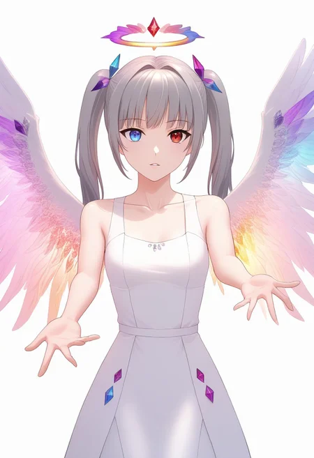 1girl, solo, miamgb, grey hair, twintails, hair ornament, red eyes, blue eyes, heterochromia, prismatic angel outfit, reaching out, parted lips, white background, cowboy shot, angel wings, colorful prismatic angel wings, halo, white dress, collarbone, sleeveless, jewelry, crystals,
