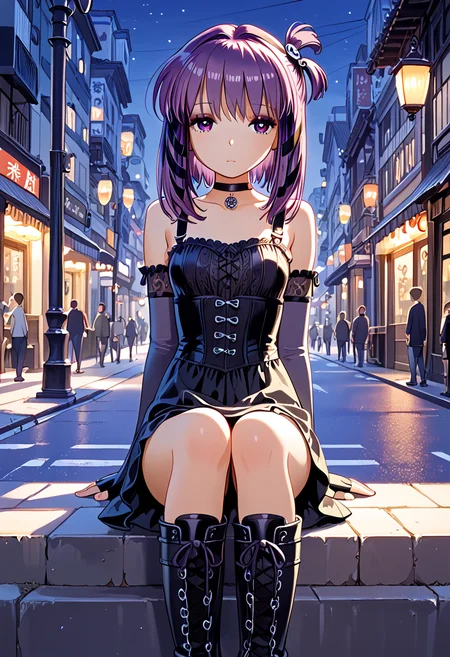 score_9,score_8_up,score_7_up,source_anime, high quality detailed, very aesthetic, 8K, 16K, high quality, best quality, detailed eyes, hand, beautiful hands, prefect hands, perfect anatomy, skin highlights, (1girl, looking away from viewer), Miho, sidelocks, purple hair, hair ribbons <lora:Miho_Tohya__Megatokyo:1>miho, choker, elbow gloves, fingerless gloves, gloves, greyscale, goth boots, sad expression, distant expression, sitting on street light , city, night, Japanese city, in sketchbook, colored marker style,