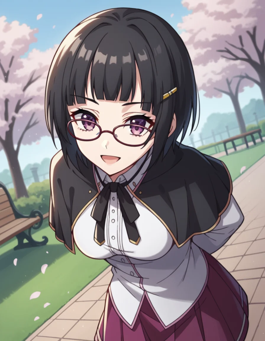 score_9, score_8_up, score_7_up, source_anime, <lora:souna-sitri-s1-ponyxl-lora-nochekaiser:1>, souna sitri, short hair, black hair, hair ornament, glasses, hairclip, bangs, blunt bangs, purple eyes, medium breasts, shirt, ribbon, school uniform, white shirt, black ribbon, neck ribbon, capelet, black capelet, long sleeves, skirt, red skirt,, park, cherry blossoms, bench, gentle breeze, peaceful, running, open mouth,, smile, looking at viewer, hands behind back, bent over,, solo,, cowboy shot, dutch angle,