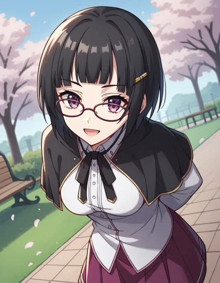 score_9, score_8_up, score_7_up, source_anime, <lora:souna-sitri-s1-ponyxl-lora-nochekaiser:1>, souna sitri, short hair, black hair, hair ornament, glasses, hairclip, bangs, blunt bangs, purple eyes, medium breasts, shirt, ribbon, school uniform, white shirt, black ribbon, neck ribbon, capelet, black capelet, long sleeves, skirt, red skirt,, park, cherry blossoms, bench, gentle breeze, peaceful, running, open mouth,, smile, looking at viewer, hands behind back, bent over,, solo,, cowboy shot, dutch angle,