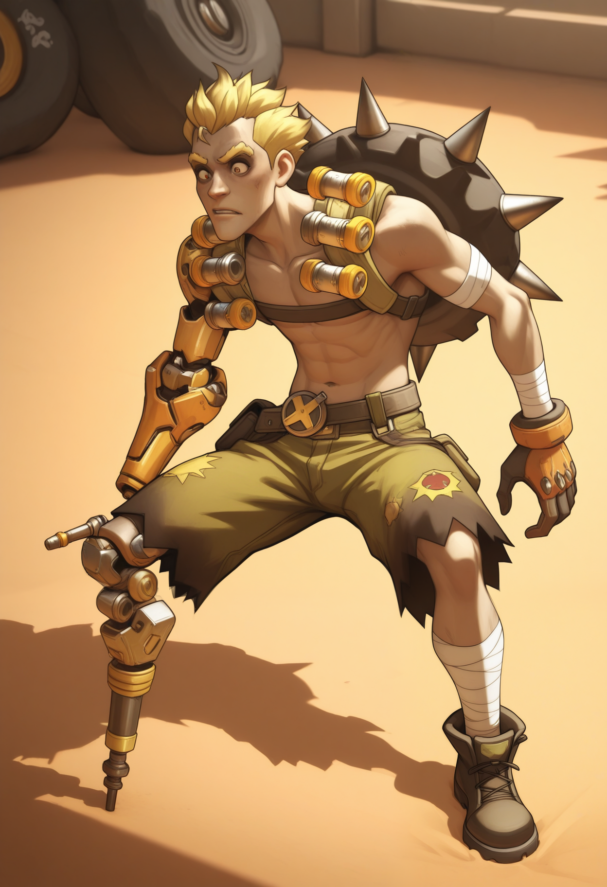 masterpiece,best quality,amazing quality, 1boy, solo, junkr4t, human, yellow hair, orange eyes, harness, single mechanical arm, single fingerless gloves, torn green shorts, one mechanical peg leg, bandaged leg,  dirty, tire on back,