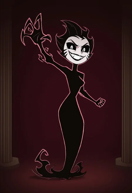 masterpiece, best quality, amazing quality, very aesthetic, absurdres, DSTShadowC, alternate hairstyle, monster girl, black lipstick, no nipples, no navel, two-tone skin, claws, ghost tail, umbrakinesis, darkness, false arm, arm up, black hair, HairFlame, whisker markings, black sclera, white eyes, evil grin, dark, pillar, simple background, full body, looking at viewer, incoming punch, fangs