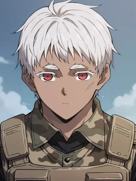 score_9, score_8_up, score_7_up, score_6_up, score_5_up, score_4_up, rating_explicit, BREAK solo, 1boy, jonahjorm, dark skin, red eyes, white hair, short hair, shirt, camouflage, armor vest, military, <lora:Jonah_PDXL:1.0>, expressionless