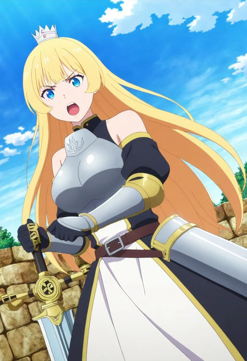 general,highres, ultra-detailed,very aesthetic,best quality ,best hands,best eyes,easynegative,
dynamic anglre, dutch angle, anime cloring,anime screencap,
1girl solo,looking at vieweropen mouth,holding great sword,wilderness,fighting,
Hime,blonde_hair, blue_eyes, crown,large breasts,knight costume,