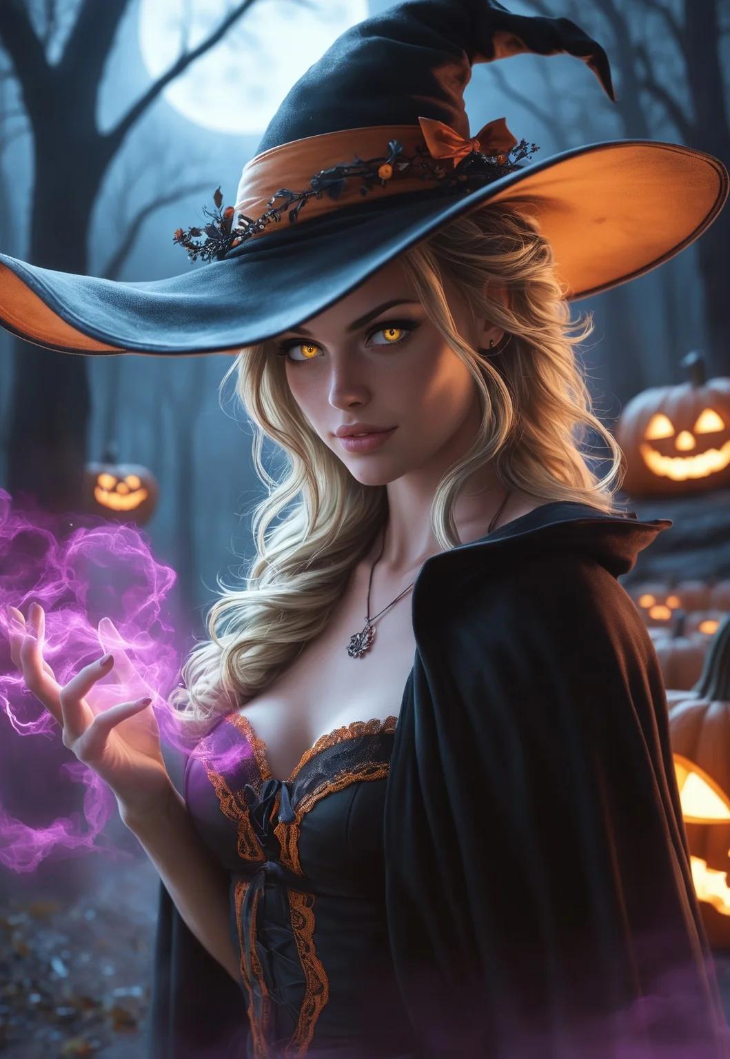 Design a hyper-realistic Halloween night scene featuring a powerful witch standing in a haunted forest, casting dark, glowing magic infused with flux-like energy. The witch wears a tattered black cloak, her face partially shadowed by a wide-brimmed hat, with glowing eyes and an ominous grin as she conjures swirling, neon-green and purple magic from her fingertips. The flux energy snakes through the air, illuminating the twisted, ancient trees and fog-covered ground. Around her are eerie jack-o'-lanterns with sinister, flickering smiles, casting an unsettling orange glow. The full moon hangs low in the stormy, dark sky, with bats flying overhead. Shadows twist and shift as her magic pulses through the forest, creating an atmosphere of dark enchantment and Halloween terror.
 (((((upper body))))), dynamic pose
 <lora:Dynamic Poses:1>
 <lora:detailed_notrigger:1>
(((full clothed)))
<lora:DandonFuga_Style_v.2_-_Pony:0.8>