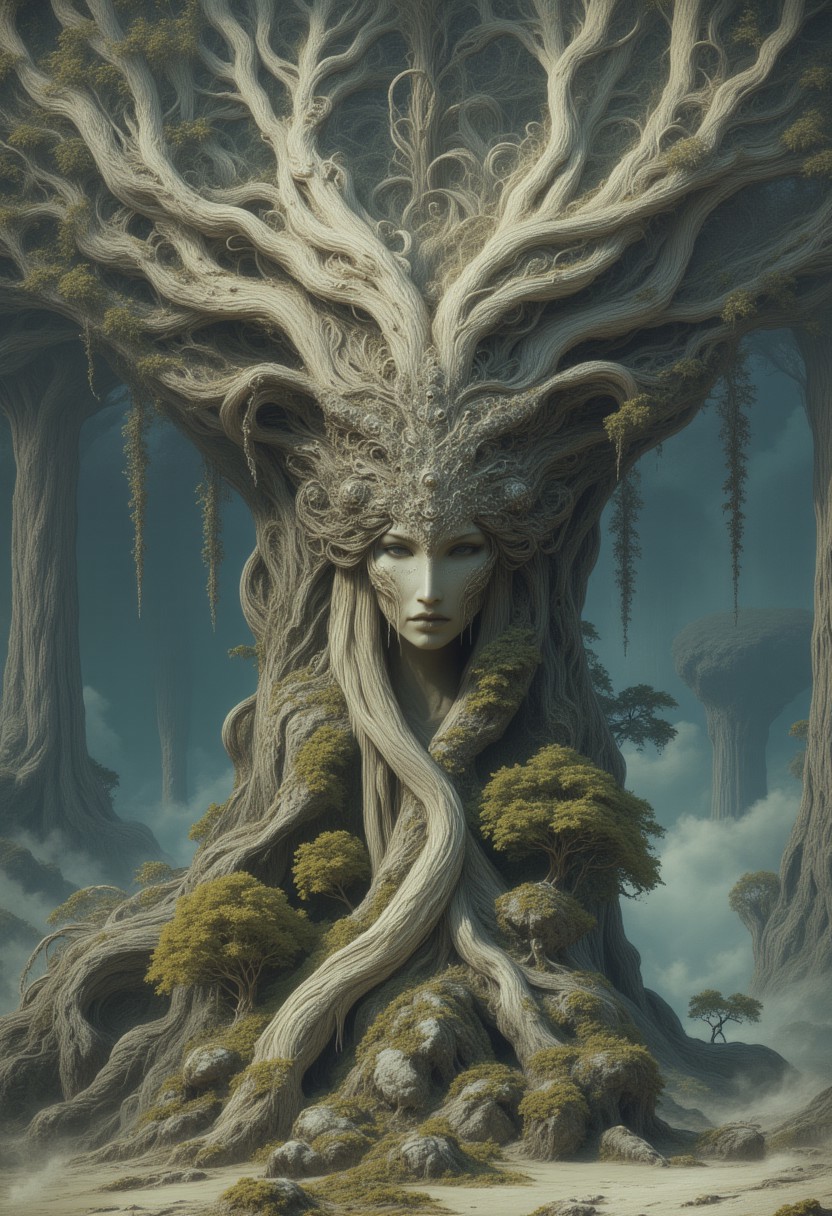 A surreal portrait of a tree goddess emerging from an ancient monolith of twisted roots and gnarled branches. Her face has high cheekbones, smooth porcelain-like skin with a soft glow, and pale, half-lidded eyes. Her long lashes and delicately arched eyebrows frame her serene expression.
Her hair seamlessly transitions into the white birch tree itself, forming a complex crown of white, intertwining branches that stretch upward. The branches have a polished, bone-like texture, curling and twisting into organic patterns. Her body is partially wrapped in bark-like tendrils that spiral around her torso, forming an intricate natural gown that blends into her surroundings.
Below her, a massive, weathered white birch tree trunk extends downward, with thick, gnarled roots twisting into the mist-covered ground. Small, bonsai-like trees sprout from rocky outcroppings embedded within the root system, their tiny leaves adding contrast against the pale landscape.
A dense mist blankets the lower part of the scene, partially obscuring the roots and drifting through the air. In the background, enormous ancient trees with skeletal branches rise through the fog, their silhouettes fading into the distance. The entire image is enveloped in a muted, desaturated color palette of soft whites, cool grays, and subtle earthy greens.
The composition presents her as seamlessly integrated with the massive tree, appearing both as a living figure and an extension of the forest itself.