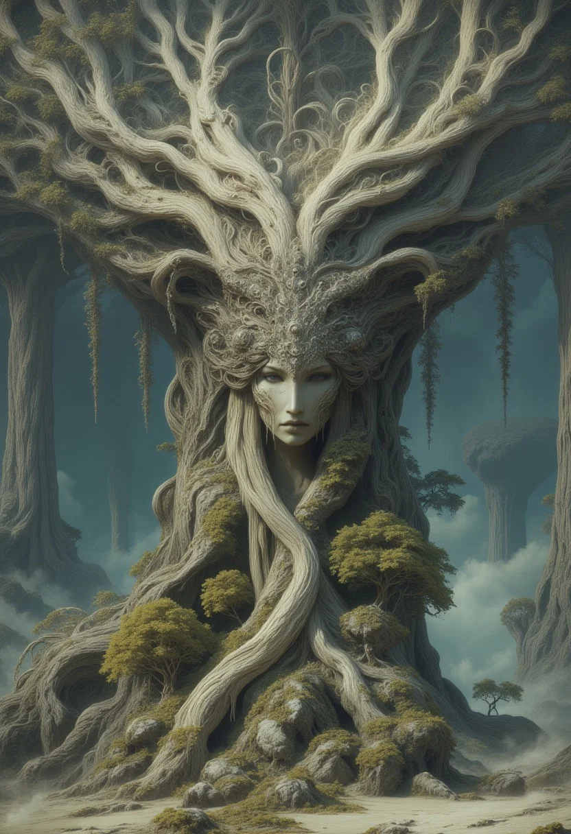 A surreal portrait of a tree goddess emerging from an ancient monolith of twisted roots and gnarled branches. Her face has high cheekbones, smooth porcelain-like skin with a soft glow, and pale, half-lidded eyes. Her long lashes and delicately arched eyebrows frame her serene expression.
Her hair seamlessly transitions into the white birch tree itself, forming a complex crown of white, intertwining branches that stretch upward. The branches have a polished, bone-like texture, curling and twisting into organic patterns. Her body is partially wrapped in bark-like tendrils that spiral around her torso, forming an intricate natural gown that blends into her surroundings.
Below her, a massive, weathered white birch tree trunk extends downward, with thick, gnarled roots twisting into the mist-covered ground. Small, bonsai-like trees sprout from rocky outcroppings embedded within the root system, their tiny leaves adding contrast against the pale landscape.
A dense mist blankets the lower part of the scene, partially obscuring the roots and drifting through the air. In the background, enormous ancient trees with skeletal branches rise through the fog, their silhouettes fading into the distance. The entire image is enveloped in a muted, desaturated color palette of soft whites, cool grays, and subtle earthy greens.
The composition presents her as seamlessly integrated with the massive tree, appearing both as a living figure and an extension of the forest itself.