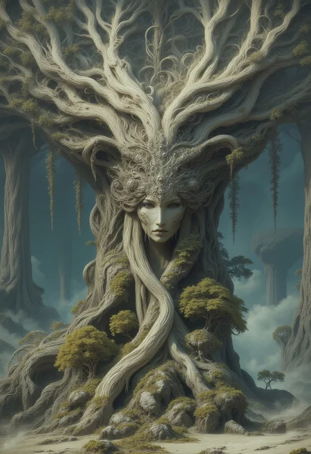 A surreal portrait of a tree goddess emerging from an ancient monolith of twisted roots and gnarled branches. Her face has high cheekbones, smooth porcelain-like skin with a soft glow, and pale, half-lidded eyes. Her long lashes and delicately arched eyebrows frame her serene expression.
Her hair seamlessly transitions into the white birch tree itself, forming a complex crown of white, intertwining branches that stretch upward. The branches have a polished, bone-like texture, curling and twisting into organic patterns. Her body is partially wrapped in bark-like tendrils that spiral around her torso, forming an intricate natural gown that blends into her surroundings.
Below her, a massive, weathered white birch tree trunk extends downward, with thick, gnarled roots twisting into the mist-covered ground. Small, bonsai-like trees sprout from rocky outcroppings embedded within the root system, their tiny leaves adding contrast against the pale landscape.
A dense mist blankets the lower part of the scene, partially obscuring the roots and drifting through the air. In the background, enormous ancient trees with skeletal branches rise through the fog, their silhouettes fading into the distance. The entire image is enveloped in a muted, desaturated color palette of soft whites, cool grays, and subtle earthy greens.
The composition presents her as seamlessly integrated with the massive tree, appearing both as a living figure and an extension of the forest itself.
