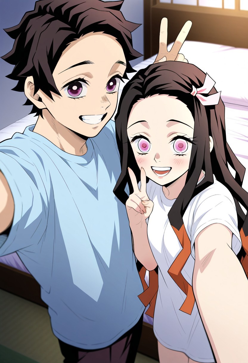 masterpiece, best quality, amazing quality, very aesthetic, absurdres, newest, atmospheric perspective, anime style, official style 
1girl, nezuko, \Kimetsu no Yaiba\, black long hair, hair ribbon, pink eyes, smile with teeth, v, selfie, only face, stands with back to the bed
1boy, Tanjiro, \Kimetsu no Yaiba\, in bed, sleep, brown hair, bedroom, top view