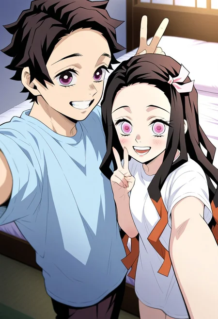 masterpiece, best quality, amazing quality, very aesthetic, absurdres, newest, atmospheric perspective, anime style, official style 
1girl, nezuko, \Kimetsu no Yaiba\, black long hair, hair ribbon, pink eyes, smile with teeth, v, selfie, only face, stands with back to the bed
1boy, Tanjiro, \Kimetsu no Yaiba\, in bed, sleep, brown hair, bedroom, top view