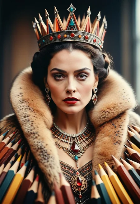 masterpiece, very aesthetic, absurdres, newest, pencil_morph, face close up, cinematic still of a queen in fur coat, jewellery made of pencils, crown made of pencils, 1980's, action, fantasy, sharp, detailed, epic cinematic photography, artistic, dramatic light, cinematic color style, Kodak film style, 1girl, solo, breasts, looking at viewer, dramatic lighting, jewelry, earrings, lips, stitches, shallow depth of field, vignette, highly detailed, high budget, bokeh, cinemascope, moody, epic, gorgeous, film grain, grainy <lora:Challenge_Winnifier:0>