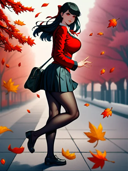 core_9, score_8, score_7,solo,Yooheewaifu, solo, standing, realistic,long hair, skirt, large breasts, ribbon, school uniform, wind, close up, curvy legs, look at viewer, red eyes, red jacket, outside, autumn park, pantyhose, pleated skirt, shoes, bag, from side, black pantyhose, blazer, <lora:Yoohee_character:1> ,<lora:HandFixer_pdxl_Incrs_v1:0.5>, <lora:add-detail-xl:1>