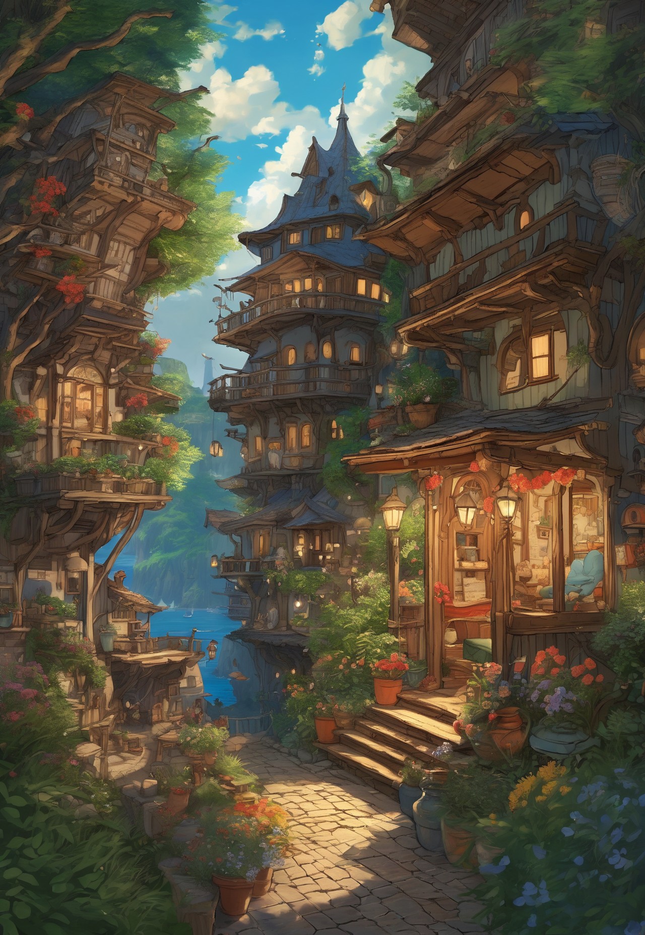 (studio ghibli drawing), (studio ghibli painting),best quality, masterpiece, extremely detailed,  professional  art,  professional painting, an extremely delicate and beautiful, dynamic,  great lighting, perfect shading, professional shading, depth of field,   side soft light, elegant, gorgeous, highly detailed,   full shot, uncropped,   pure genious, absolutely perfect,  highly detailed, breathtaking,   steampunk , whimsical outpost, fantastic construction