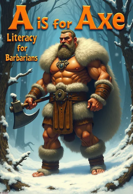 Cover illustration of a book with a large muscular barbarian man wearing fur and holding a large axe, standing in a snowy forest. A large text in blocky letters says "A is for Axe - Literacy for Barbarians". The image is in the style of Frank Frazetta