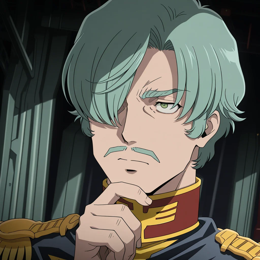 <lora:IL_GQ_Shallia_Bull:1>,GQ_bull,1boy,solo,0079_Shallia,hair over one eye,mustache,green hair,green eyes,0079_zeon_uni,zeon,cape,epaulettes,sci-fi,hangar,dutch angle,close-up of face,stroking own chin,looking away,focused,upturned eyes,, masterpiece,best quality,amazing quality,uncensored