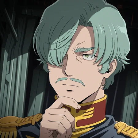 <lora:IL_GQ_Shallia_Bull:1>,GQ_bull,1boy,solo,0079_Shallia,hair over one eye,mustache,green hair,green eyes,0079_zeon_uni,zeon,cape,epaulettes,sci-fi,hangar,dutch angle,close-up of face,stroking own chin,looking away,focused,upturned eyes,, masterpiece,best quality,amazing quality,uncensored