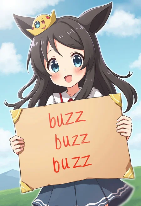 anime girl from pokemon series holding sign it say "buzz buzz buzz" , pokemon style