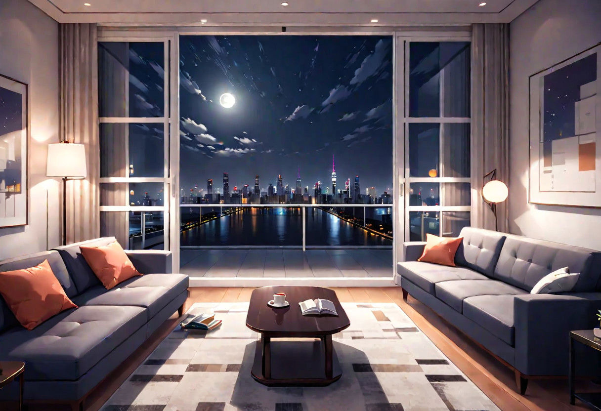 ((front view)), Shallow scene, ((animation style)), modern-style interior, with white walls, (large windows), a  study, Sofa, coffee table, bookcase, single wall, gloomy room,
Warm lights, quiet and mysterious night sky, starry sky, moonlight, city night view, (City high-rise building scenery), (City scenery outside the window)