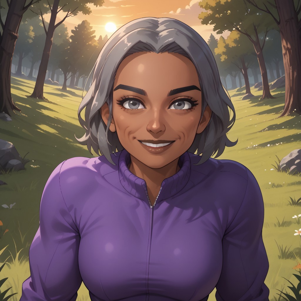 score_9, score_8, BREAK, solo, wii, mii, wii sports, 1girl, female mii, grey hair, old woman, black eyebrows, grey eyes, brown lips, lipstick, purple clothing, white pants, shoes, breasts, nintendo mii, modern_mii, classic_mii, Anna_(Wii_Sports), dark skin, dark skin female, sexy pose, self portrait, smile, outdoors, sunlight, shadows, evening lighting, natural lighting, forest, trees, grass, orange sky, sunset