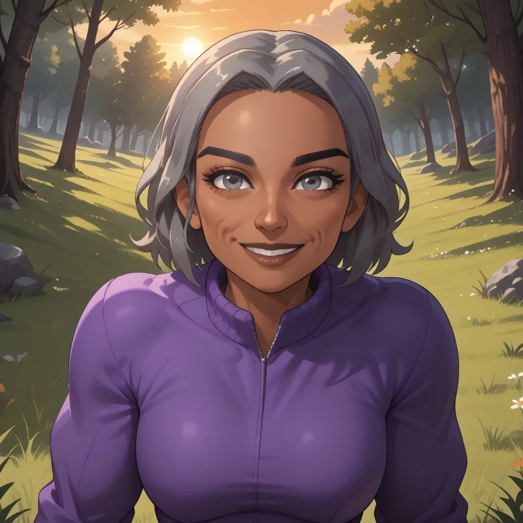 score_9, score_8, BREAK, solo, wii, mii, wii sports, 1girl, female mii, grey hair, old woman, black eyebrows, grey eyes, brown lips, lipstick, purple clothing, white pants, shoes, breasts, nintendo mii, modern_mii, classic_mii, Anna_(Wii_Sports), dark skin, dark skin female, sexy pose, self portrait, smile, outdoors, sunlight, shadows, evening lighting, natural lighting, forest, trees, grass, orange sky, sunset