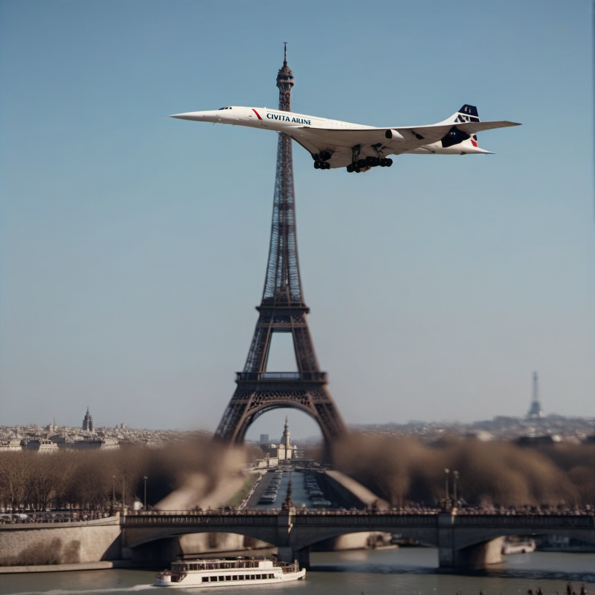 cinematic photo  aircraft flys through the eiffel tower, ((text ''CIVITAI AIRLINE'')) <lora:Concorde1024:0.8> . 35mm photograph, film, bokeh, professional, 4k, highly detailed