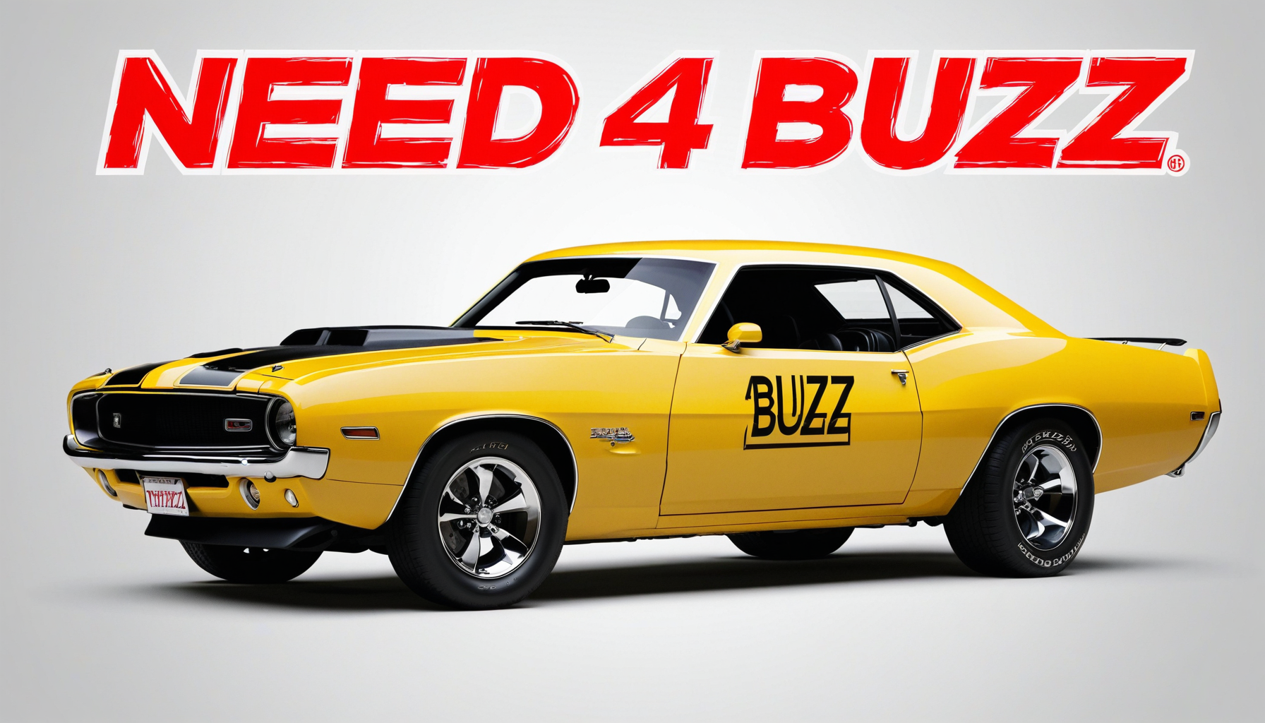 muscle car, text that says "Need 4 buzz"