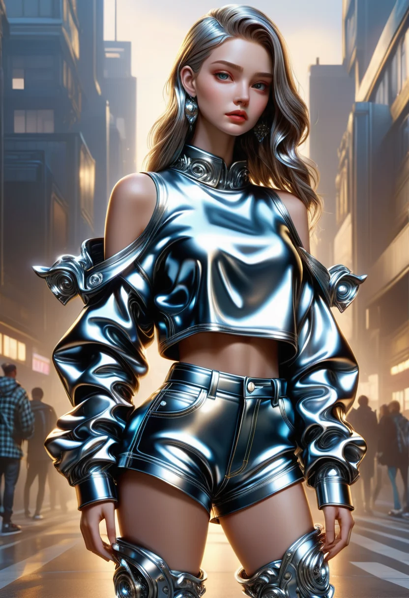 hyper detailed masterpiece, dynamic, awesome quality, DonMSt33lM4g1cXL hugging lower body clothing, flannel, oversized fit, high waist, cold shoulder design,,illustration, made of steel, shiny <lora:DonMSt33lM4g1cXL-v1.1-000008:1>