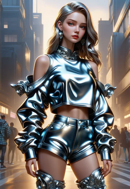 hyper detailed masterpiece, dynamic, awesome quality, DonMSt33lM4g1cXL hugging lower body clothing, flannel,   oversized fit, high waist, cold shoulder design,,illustration, made of steel, shiny  <lora:DonMSt33lM4g1cXL-v1.1-000008:1>