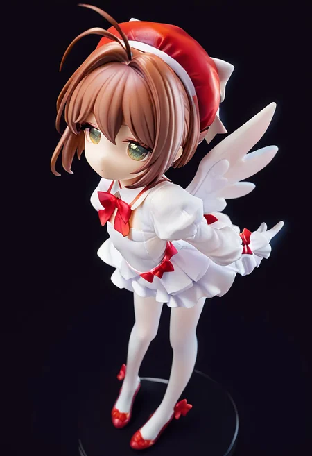 score_9, score_8_up, score_7_up, Henreader,Expressiveh,source_pony, 20 yo, 1girl,solo, Kinomoto_Sakura ,green_eyes, brown_hair, short_hair, antenna_hair, hair_intakes, flat_chest, magical_girl, white_gloves, red_dress, puffy_sleeves, red_bow, white_pantyhose, frills, red_headwear, white_wings, half-opended eyes,, slim ass, slim long legs, , posing, s looking at viewer, standing, open legs,from above,black background,