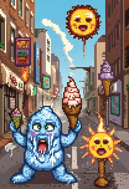 pixel art, digital art, A chaotic city street where anthropomorphic ice cream cones are melting under a blazing sun, their faces frozen in exaggerated expressions of panic as they march with banners reading "Global Warming is Real!" The scene is rendered in vibrant comic book style with dynamic action poses and hyper-detailed melting textures. This humorous yet provocative image critiques climate change through edible irony.