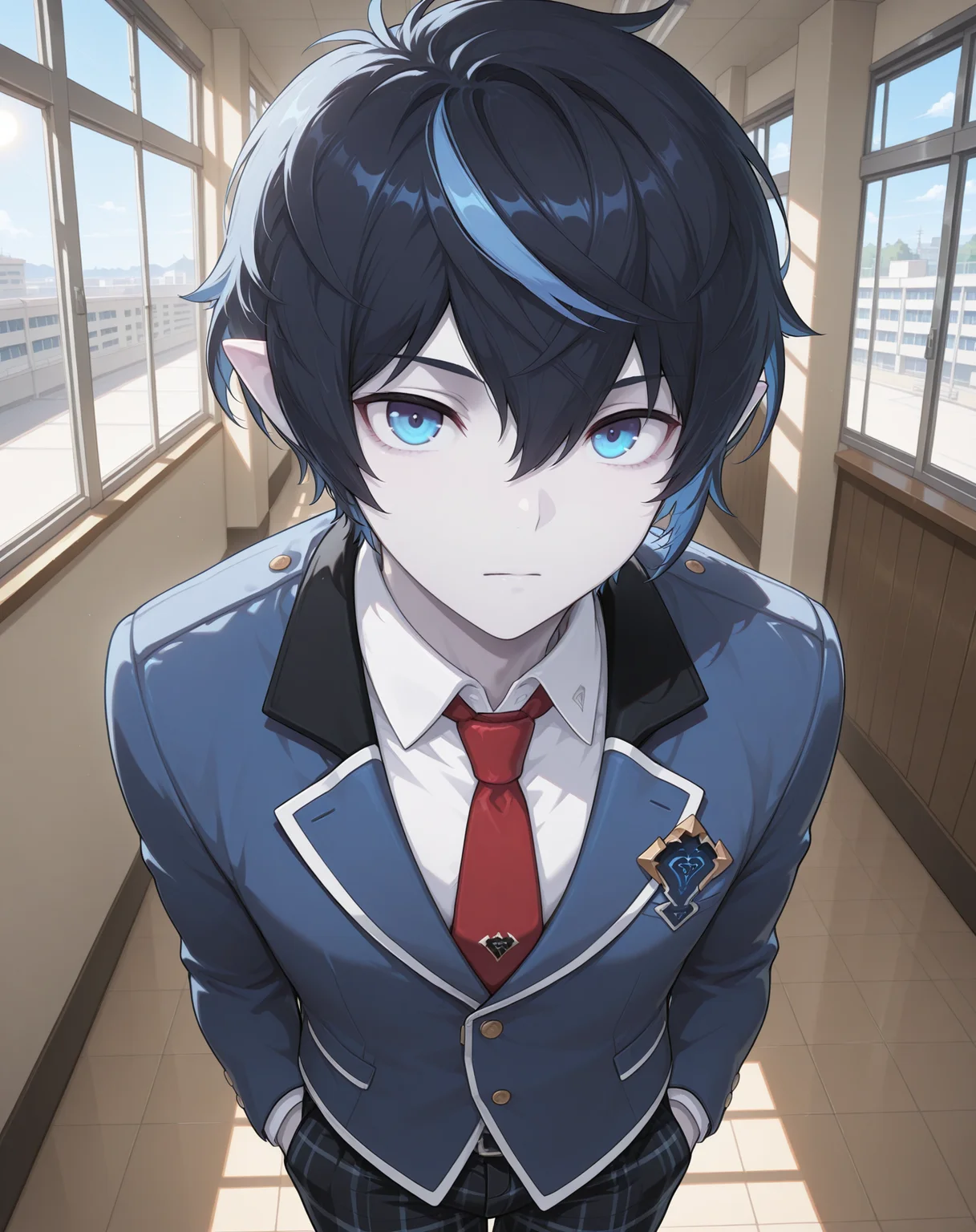 masterpiece,best quality,amazing quality, newest, very aesthetic, absurdres,
1boy, solo, yaoi, male focus, looking at viewer, cowboy shot,
<lora:Vega_ilxl:1> vega, pointy ears, black hair, blue eyes, multicolored hair,pale skin,streaked hair, blue hair,
school uniform, white shirt, collared shirt, blue jacket, red necktie, black pants, plaid pants,
indoors, school, hallway, window, day, sun,