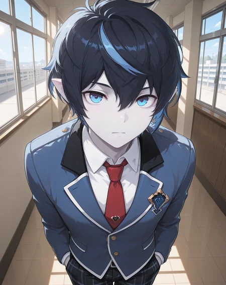 masterpiece,best quality,amazing quality, newest, very aesthetic, absurdres,
1boy, solo, yaoi, male focus, looking at viewer, cowboy shot,
<lora:Vega_ilxl:1> vega, pointy ears, black hair, blue eyes, multicolored hair,pale skin,streaked hair, blue hair,
school uniform, white shirt, collared shirt, blue jacket, red necktie, black pants, plaid pants,
indoors, school, hallway, window, day, sun,