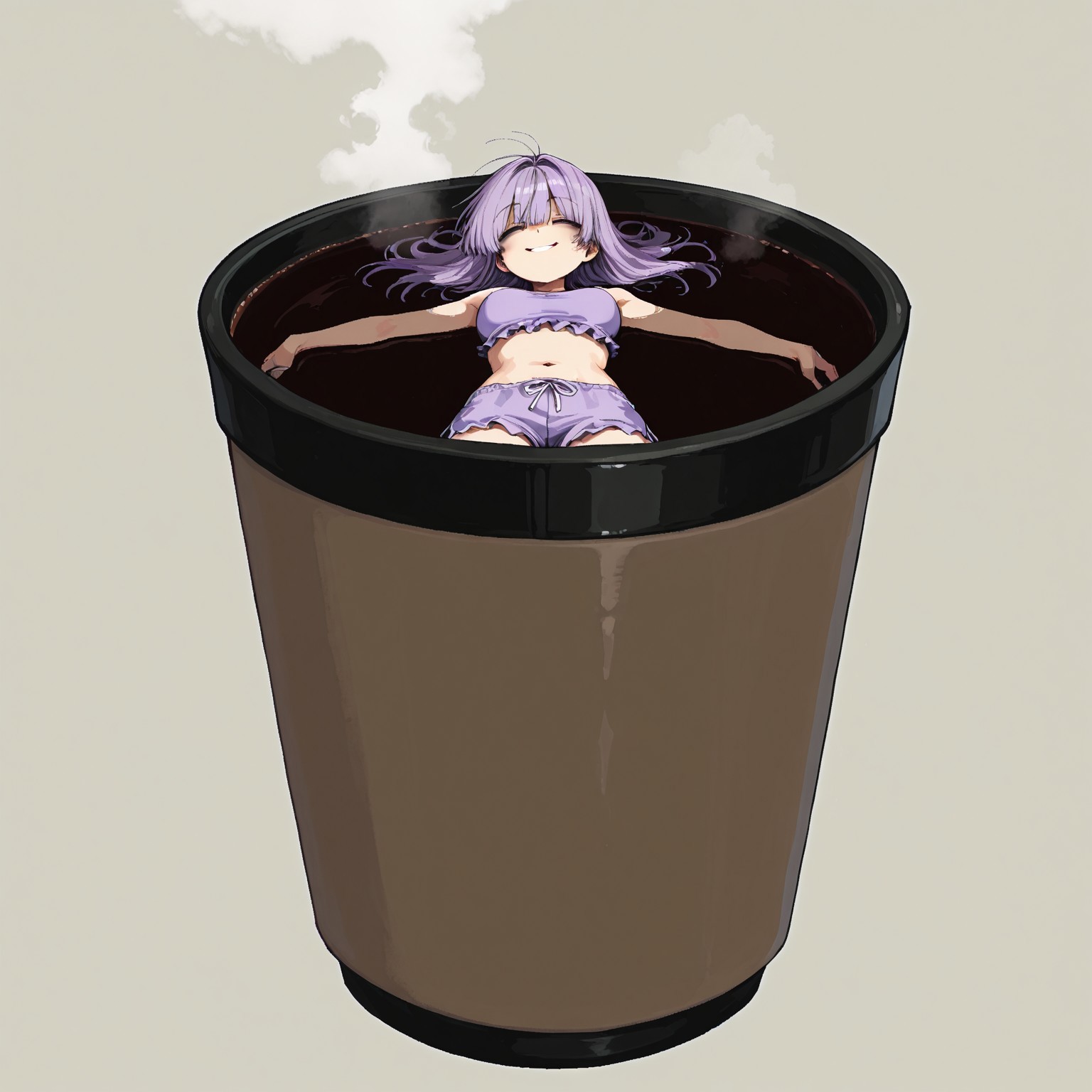 masterpiece, best quality, amazing quality, very aesthetic, absurdres, newest, MinekuraStyle
BREAK,
1girl, solo, detailed face, short purple hair, straight bangs, floating hair, tired, relaxed, bags under eyes, frilly purple swimsuit, purple swim shorts, medium breasts, (huge coffee cup:1.2), miniature woman, (taking bath:0.6), relaxed, closed eyes, smiling, content, hot, steam, floating on back, lying on back, spread eagle,
BREAK, calm atmosphere, simple background, detailed background, deep contrast, limited color palette, high contrast black, dramatic composition, 