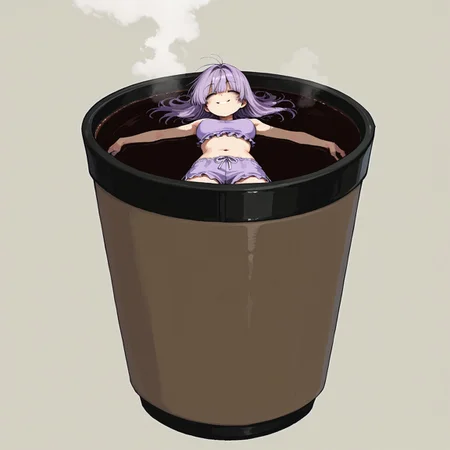 masterpiece, best quality, amazing quality, very aesthetic, absurdres, newest, MinekuraStyle
BREAK,
1girl, solo, detailed face, short purple hair, straight bangs, floating hair, tired, relaxed, bags under eyes, frilly purple swimsuit, purple swim shorts, medium breasts, (huge coffee cup:1.2), miniature woman, (taking bath:0.6), relaxed, closed eyes, smiling, content, hot, steam, floating on back, lying on back, spread eagle,
BREAK, calm atmosphere, simple background, detailed background, deep contrast, limited color palette, high contrast black, dramatic composition, 
