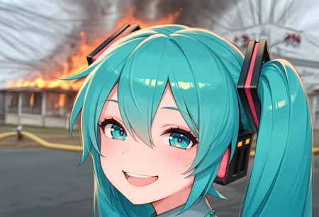 masterpiece, high quality, amazing detail, disaster_girl, 1girl, hatsune miku, looking at viewer, smile, open mouth, <lora:disaster_girl_meme-10:1>