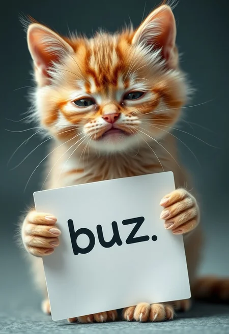 A very sad crying kitten holding a sign that says "buzz"