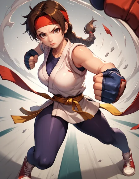 score_9, score_8_up, score_7_up,score_6_up, score_5_up, score_4_up , 1girl, solo,
large breasts,
ysakazaki,
brown hair, brown eyes,
dougi, sneakers, spandex, headband, fingerless gloves, single braid,
looking at viewer,
fighting stance, punch,
from above,
clenched hand,
<lora:Ysakazaki KOF v01-000003:0.90>