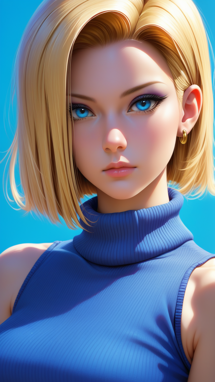 1girl, solo, looking at viewer, short hair, blue eyes, blonde hair, simple background, jewelry, closed mouth, earrings, sleeveless, hair over one eye, sweater, lips, makeup, turtleneck, portrait, realistic, nose, android 18