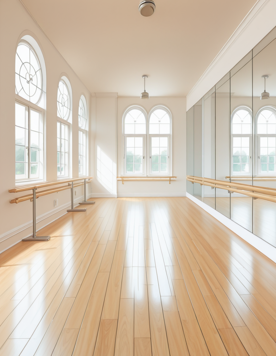 A spacious ballet training room bathed in soft natural light. The room features a polished wooden floor that reflects the glow from large, tall windows with white curtains gently draped to the sides. Wooden barres run along the mirrored walls, which create a sense of depth and elegance. The mirrors are spotless, reflecting the serene ambiance of the space. The ceiling is adorned with delicate molding, and soft, warm lighting fixtures provide additional illumination. In the corner, a neatly arranged stack of pink and beige ballet slippers, along with a few rolled-up yoga mats, adds a touch of authenticity. The atmosphere is tranquil, airy, and inspiring, evoking a sense of discipline and grace.
<lora:SDXLFaeTastic2400:0.4> <lora:extremely_detailed:0.4> extremely detailed, <lora:b4ll3t_tr41n1ng_r00m-ill:1>,b4ll3t tr41n1ng r00m, Masterpiece,best quality,hi res,8k,hi res,8k,award winning,(sharp focus, intricate, highly detailed),