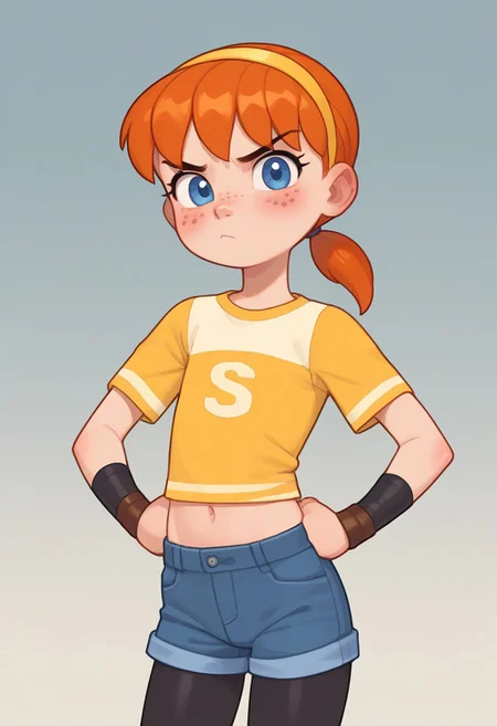 (score_9,score_8_up,score_7_up), cute anime girl, big cute eyes, masterpiece,cartoon style, best quality, amazing quality, gradient background, chibifurri, looking at viewer, ((tsundere)),cartoonish, (((1 girl))), skinny bodyflat chest, april2012,1girl,solo,blue eyes,freckles,shirt,ponytail,pantyhose,hairband,shorts,orange hair,black pantyhose,wristband,