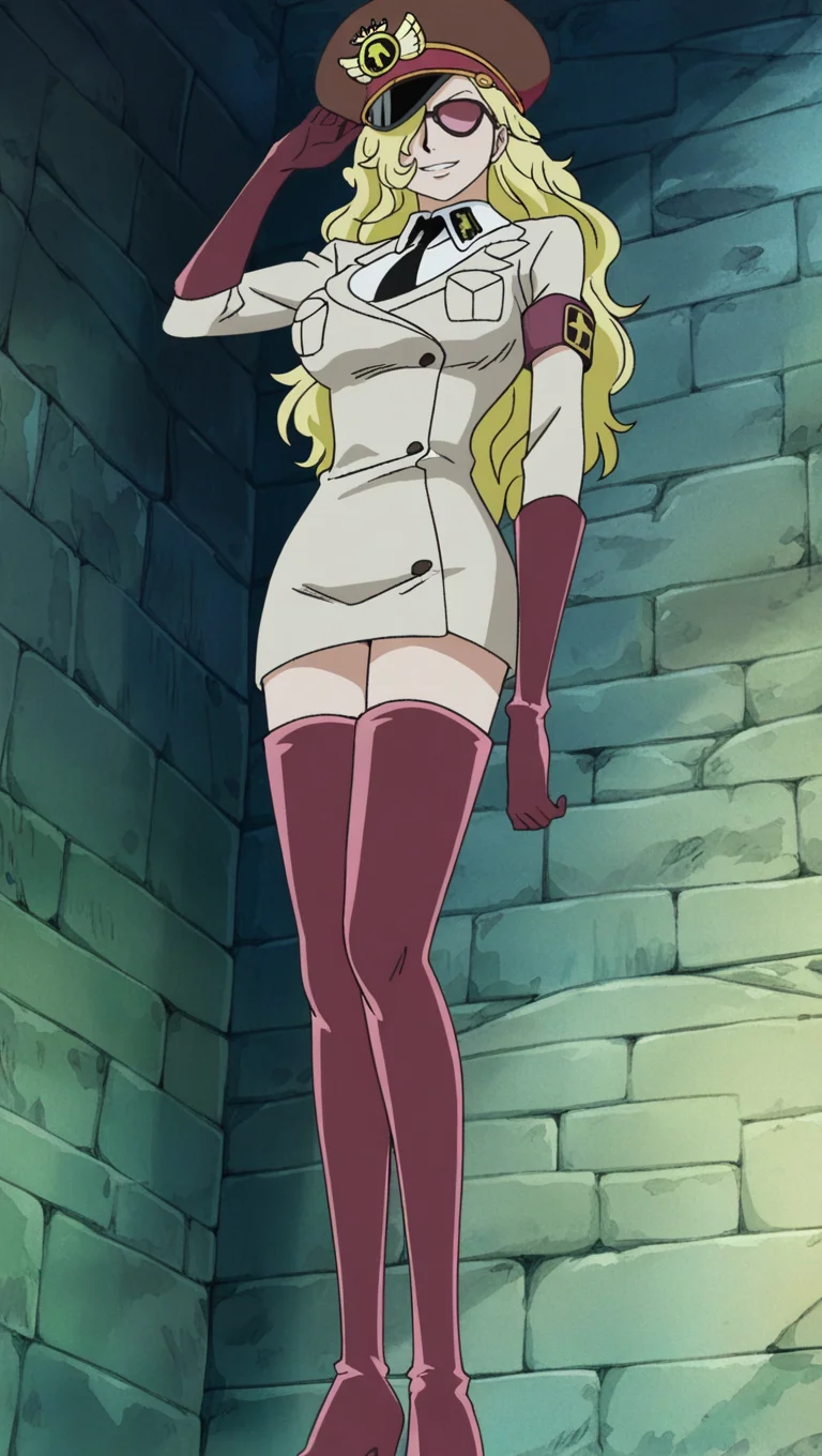 source_anime, masterpiece, best quality, amazing quality, anime screencap, high quality, 8k, absurdres, official style, 1girl, solo, looking at viewer, smile, standing, <lora:Domino_OP_iL:1>, d0m1n0, blonde hair, long hair, hair over one eye, sunglasses, breasts, large breasts, shirt, thighhighs, red thighhighs, thigh boots, heels, long sleeves, gloves, red gloves, hat, jacket, white shirt, collared shirt, necktie, uniform, military, armband, peaked cap, black necktie, pocket,