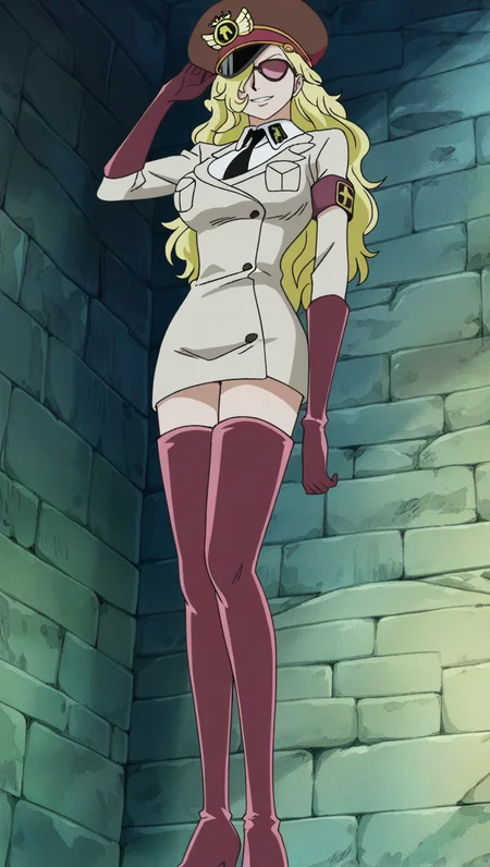 source_anime, masterpiece, best quality, amazing quality, anime screencap, high quality, 8k, absurdres, official style, 1girl, solo, looking at viewer, smile, standing, <lora:Domino_OP_iL:1>, d0m1n0, blonde hair, long hair, hair over one eye, sunglasses, breasts, large breasts, shirt, thighhighs, red thighhighs, thigh boots, heels, long sleeves, gloves, red gloves, hat, jacket, white shirt, collared shirt, necktie, uniform, military, armband, peaked cap, black necktie, pocket,