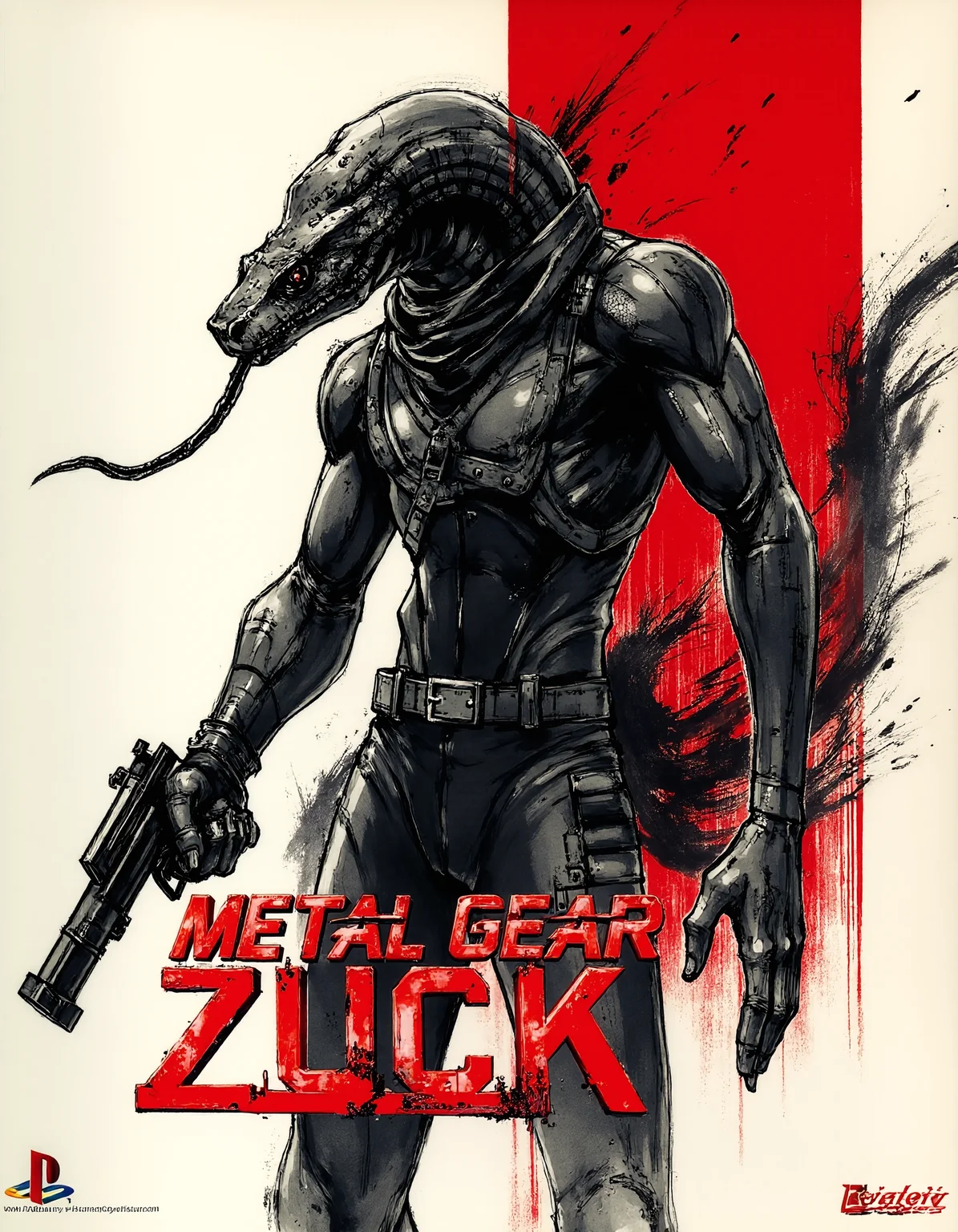 (Playstation Box Art style:1.2), Box of a Playstation game titled "Metal Gear Zuck", (Playstation logo:1.3) in the lower corner.
A stylized illustration made by Yoji Shinkawa.
(anthropomorphic cobra:1.2) with a long bifid tongue, wears a body-hugging suit and a bandana, holding a silenced pistol in a dramatic pose.
The background has bold red accents with a predominantly grayscale palette, creating high contrast. The art style is expressive, with energetic brushstrokes, heavy shadows, and a sense of motion surrounding the figure.
The game title "Metal Gear Zuck" is displayed below in bold, futuristic, angular font. The letters are all uppercase and have a sharp, geometric design with thick lines. The words 'Metal Gear' are in a bold, blocky style, slightly slanted to the right.
<lora:yoji_shinkawa_1_0:0.5>
