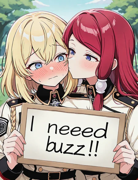 masterpiece, best quality, amazing quality, very aesthetic, absurdres, highres, shiny skin, 2girls, need_buzz, military uniform, tsubaki yayoi, red hair, blue eyes, kissing cheek, olivia_(mobseka), blonde hair, medium hair, bangs, blue eyes, embarrassed, holding sign, <lora:NeedBuzz_sign_Illustrious:1>